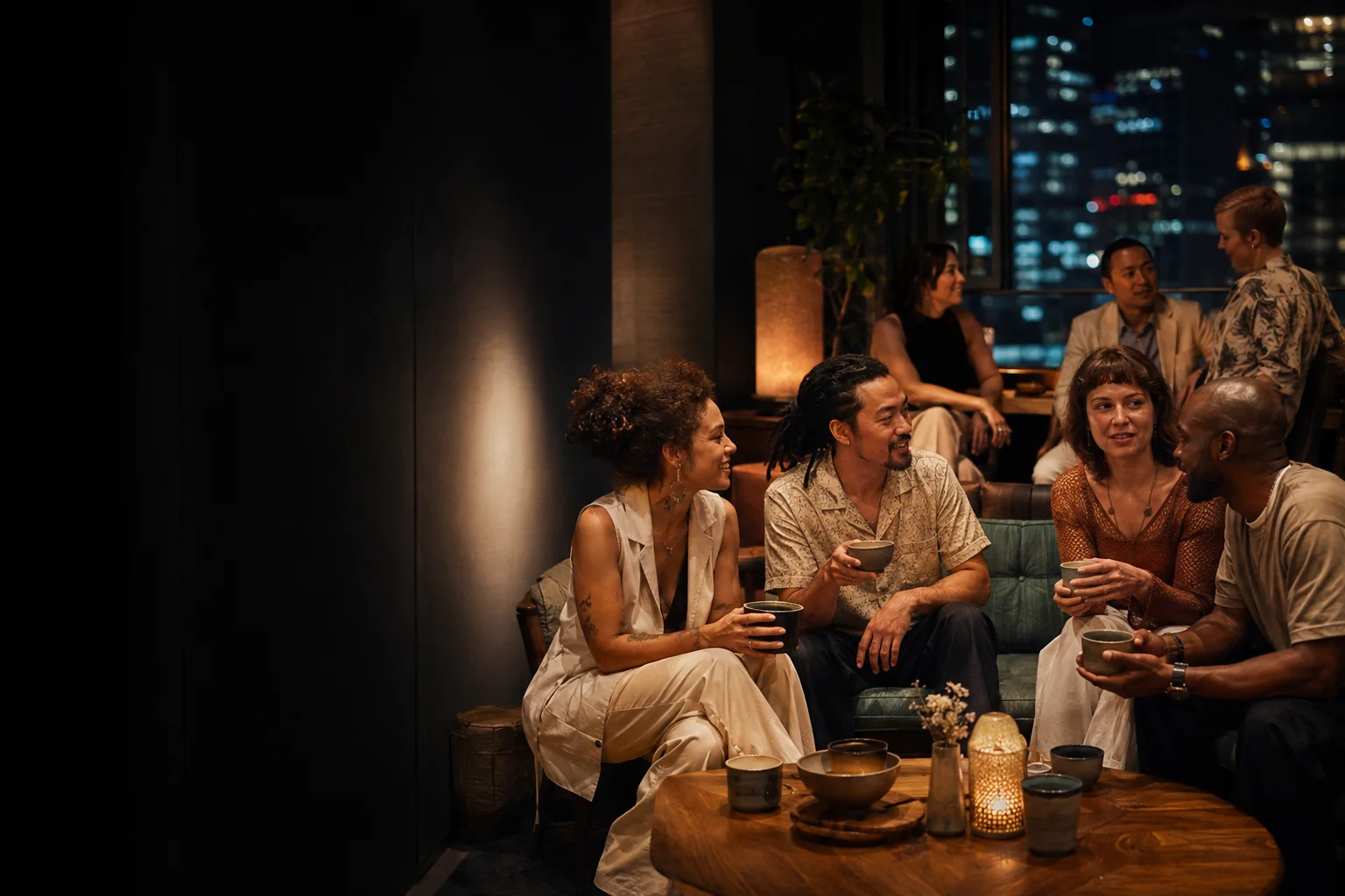 Original editorial artwork of friends sharing tea in an evening lounge
